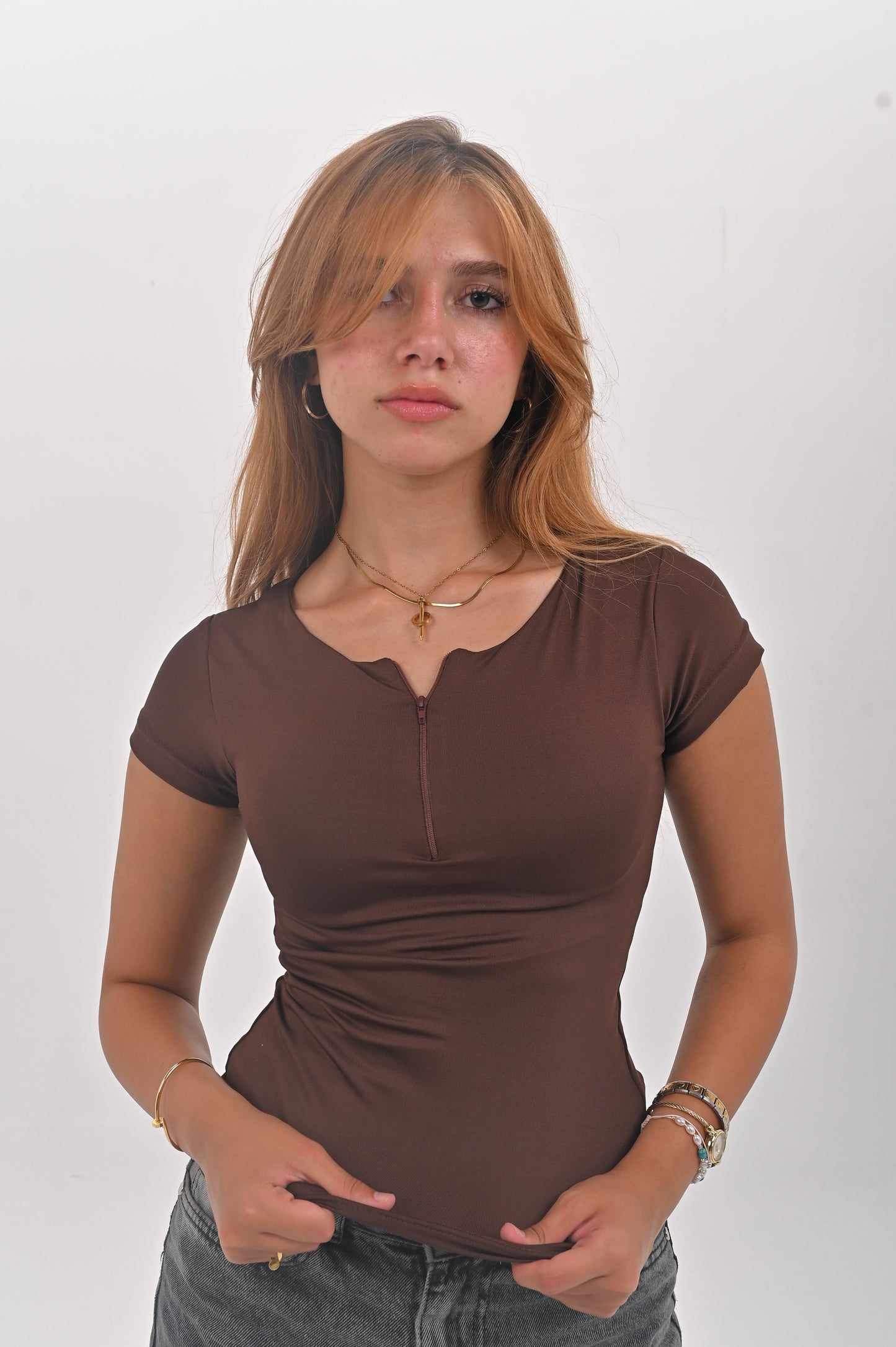 Zipper Short-sleeve Basic Top